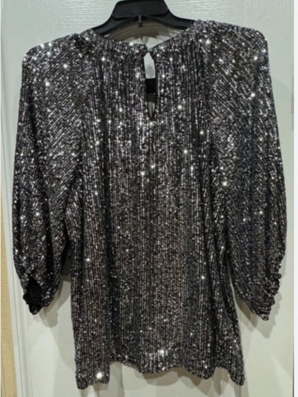 Vince Camuto Sequin Keyhole Neck Blouse - Charcoal with Silver Sequin. New.